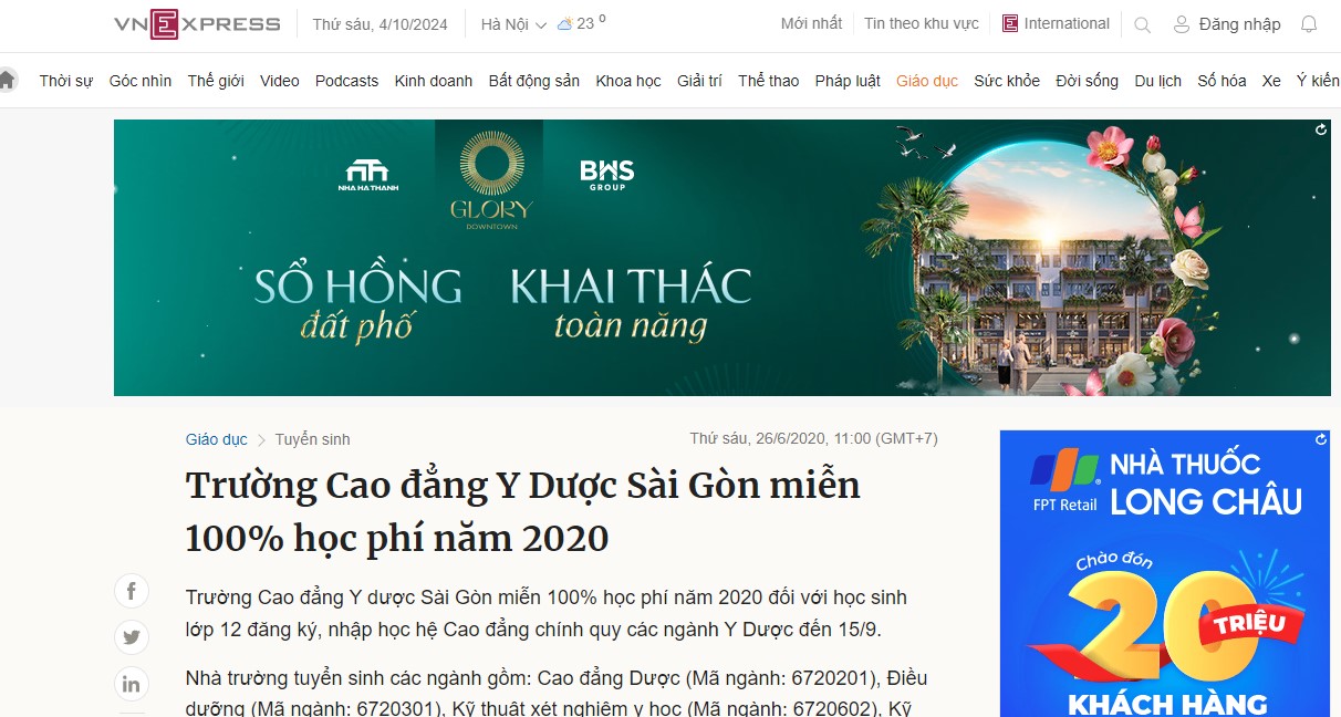Báo Dân trí nói về trường cao đẳng y dược sài gòn