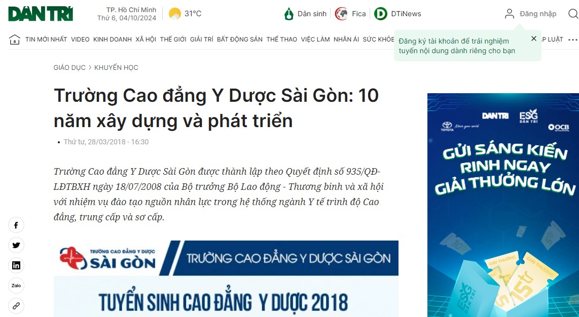 Dân trí nói về trường cao đẳng y dược sài gòn